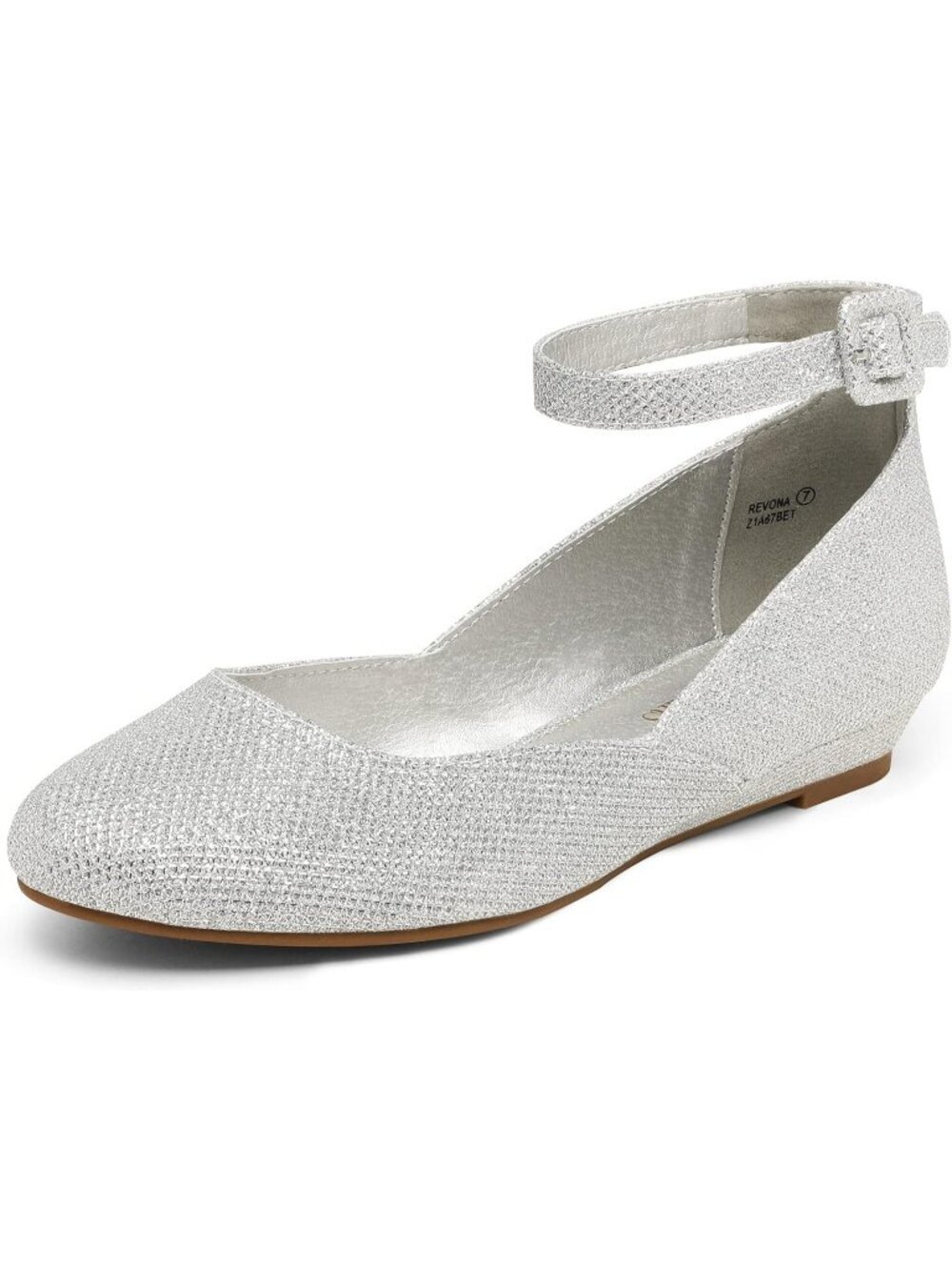 Women's Silver Glitter Comfortable Ballet Low Wedge Round Toe Ankle Strap Flats